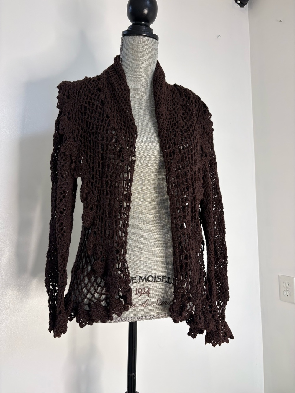 Venini Open Crochet Cardigan Sweater - Brown